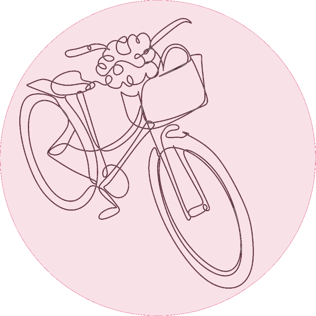 Ein Fahrrad mit Blumen im Korb, gezeichnet aus einer schwarzen Linie
